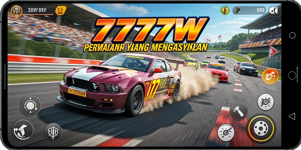 Tampilan gameplay 7777W dengan mobil balap yang beraksi di lintasan.
