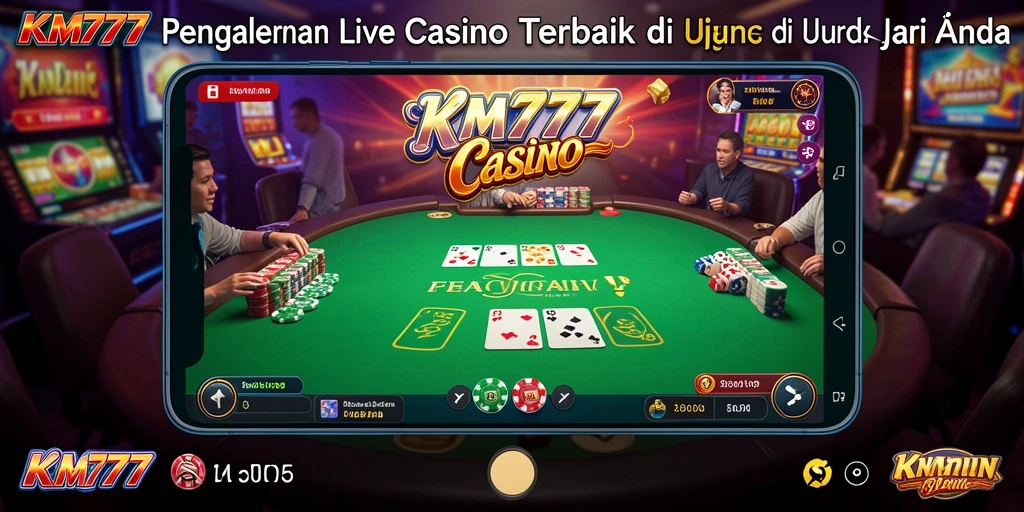 Screenshot KM777 menampilkan dealer langsung dan interaksi pengguna dalam permainan Live Casino.