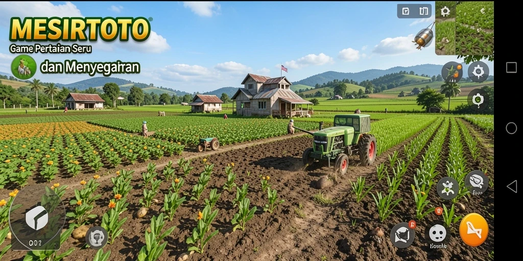 Screenshot gameplay MESIRTOTO menunjukkan aktivitas bertani yang seru dan berwarna.